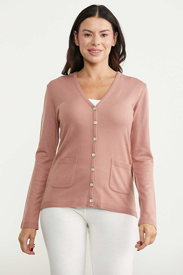 V-Neck Basic Knitwear Cardigan with Pockets - Rose
