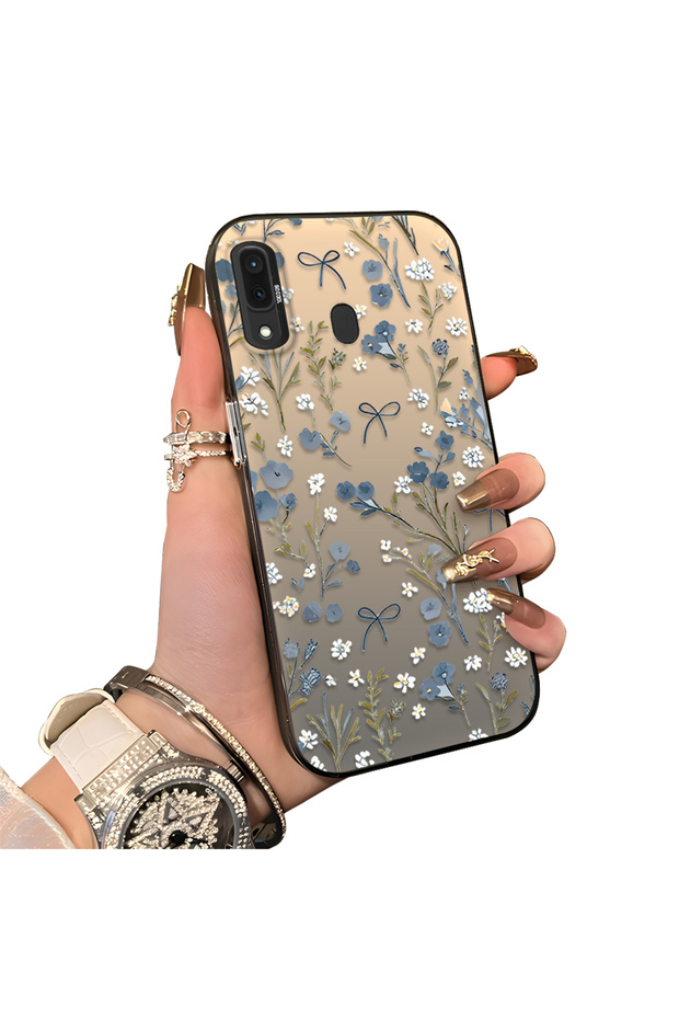 Samsung Galaxy A30/A20 Compatible Blue Flower and Ribbon Hard Phone Case, Shock Protection