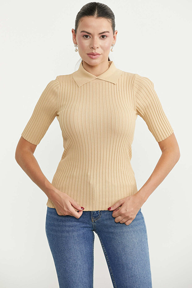 Ribbed Short Sleeve Knit Sweater - Beige