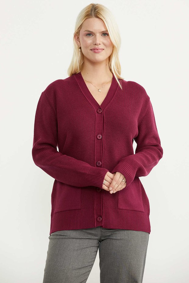 Ribbed Pocket Detailed Knitwear Cardigan - Burgundy