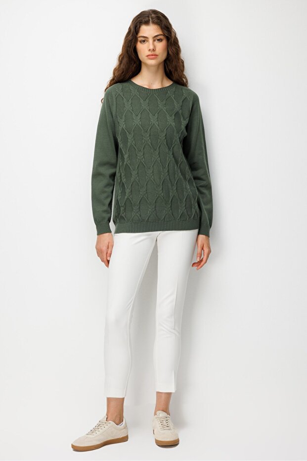 Women's Crew Neck Diamond Pattern Knit Sweater A.Green