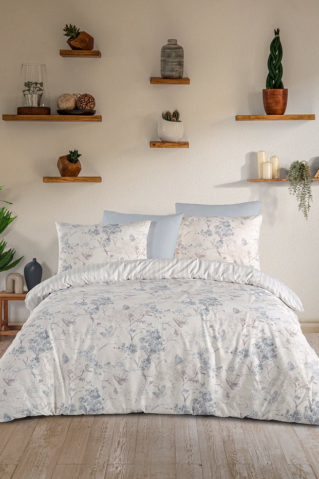 Dream Cotton Flutter Blue 100% Cotton Poplin Double Duvet Cover Set