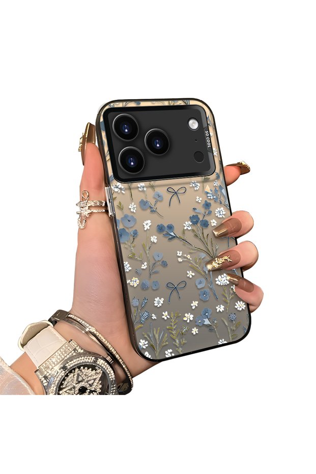 iPhone 17 Pro Max Compatible Blue Floral and Ribbon Hard Phone Case, Shock Protection