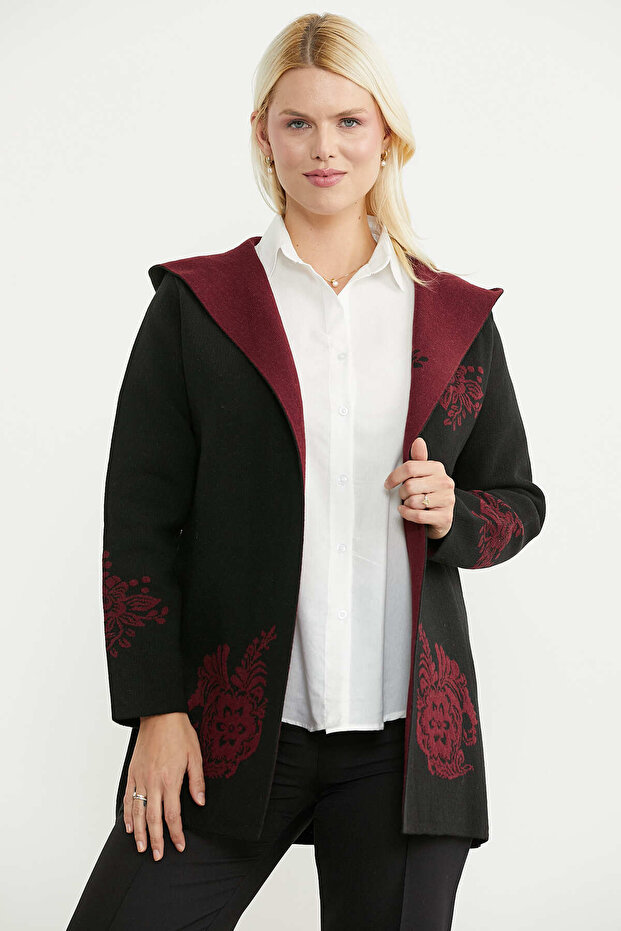 Woolen Double Color Thick Knitwear Jacket - Black - Burgundy