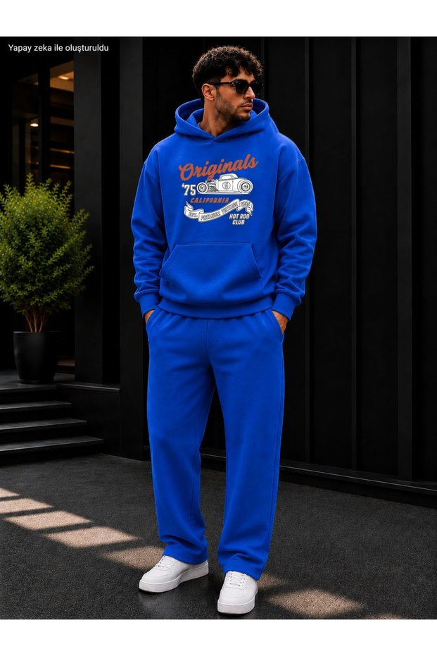 Men's Originals 75 Car Printed Tracksuit Set / Hooded Kangaroo Pocket Sweatshirt Sweatshirt with Pockets and Straight Leg Bottom