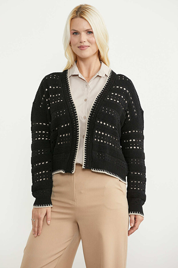 Perforated Motif Cotton Knitwear Cardigan - Black