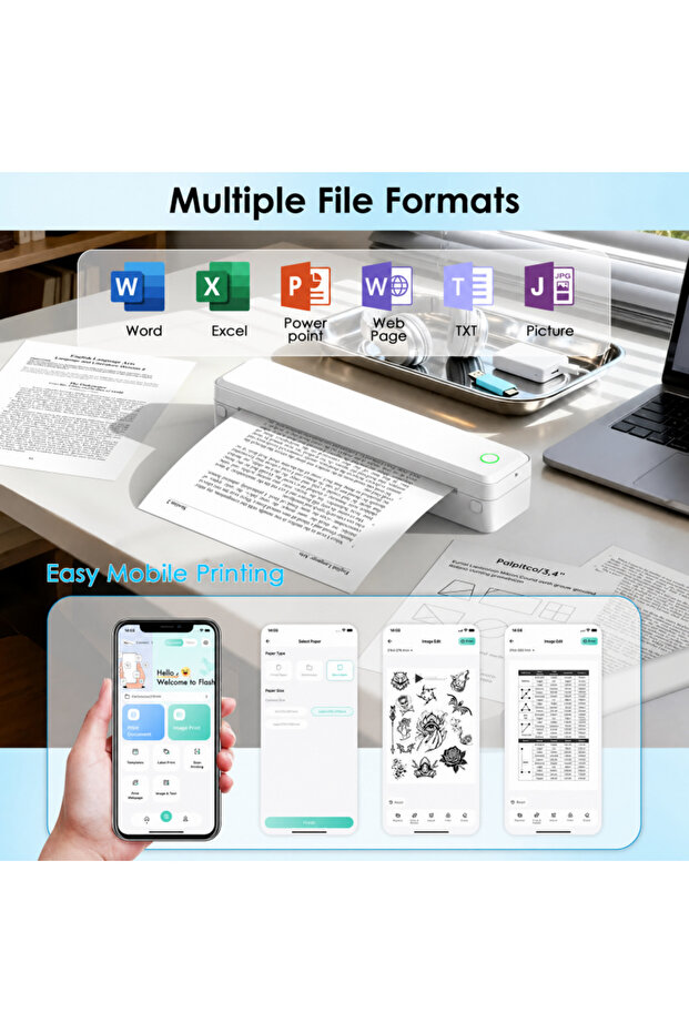 طابعة حرارية محمولة بدون حبر مقاس A4، طابعة لاسلكية محمولة تعمل بتقنية البلوتوث USB‑C للمنزل والمكتب والسفر وواجبات الطلاب