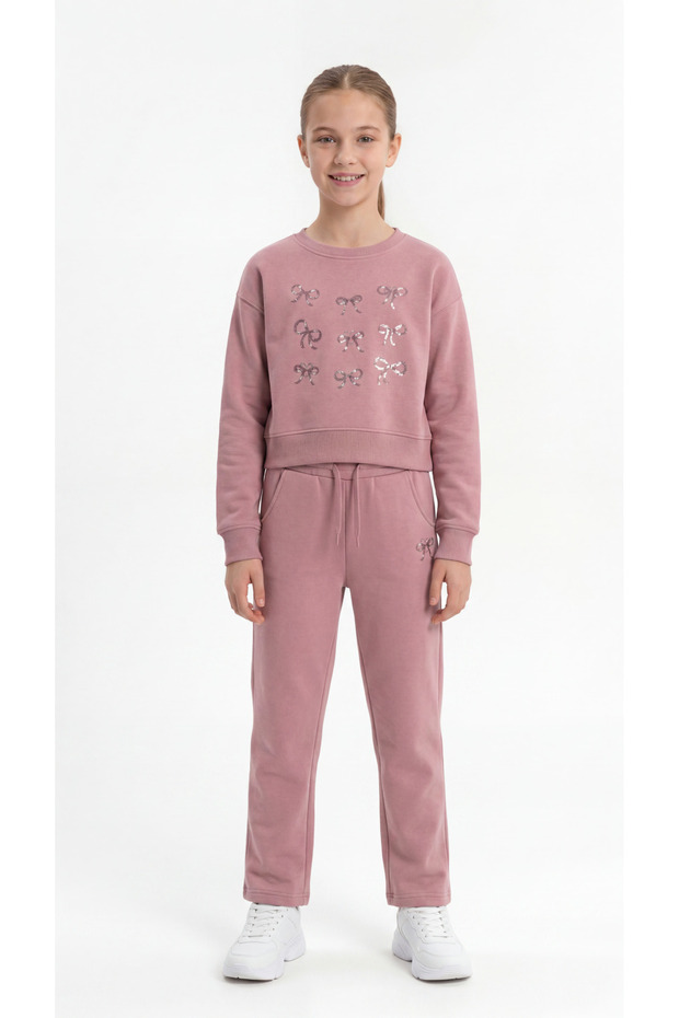 Ribbon Printed Girls' Top and Bottom Tracksuit Set