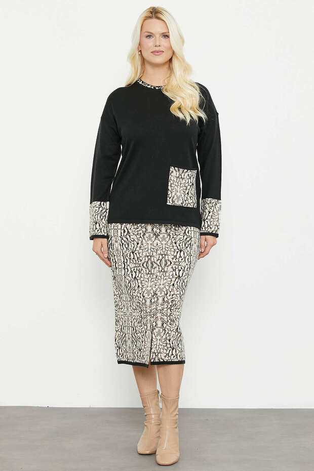 Patterned Combination Skirted Knitwear Set - Black