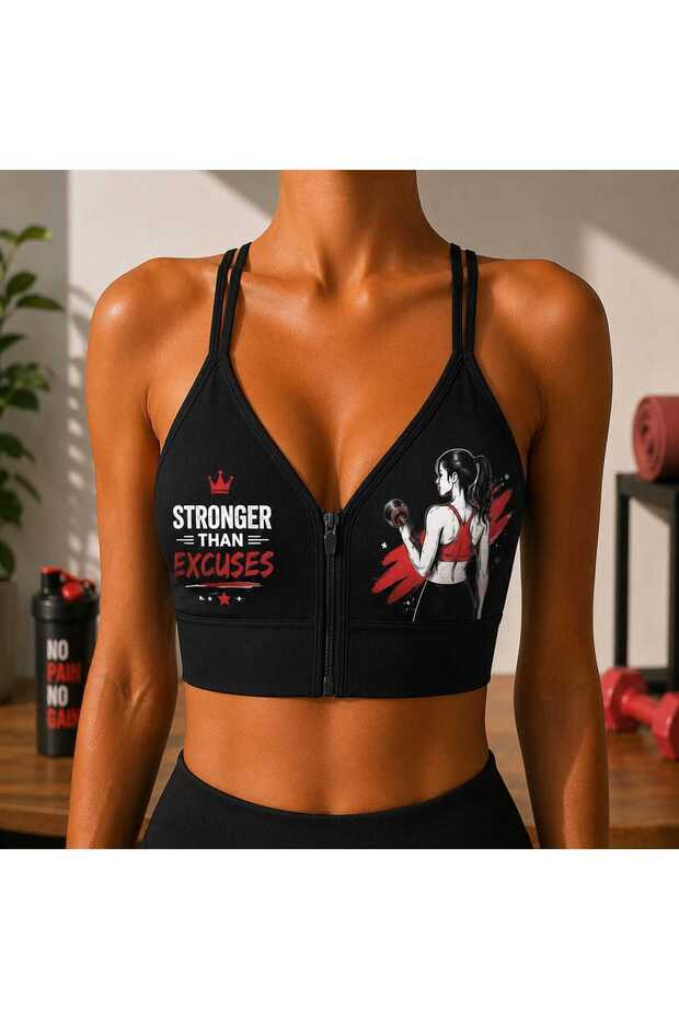 Ribbed Patterned Zippered Sports Bra with Removable Pads Gym Pattern Sports Bustier