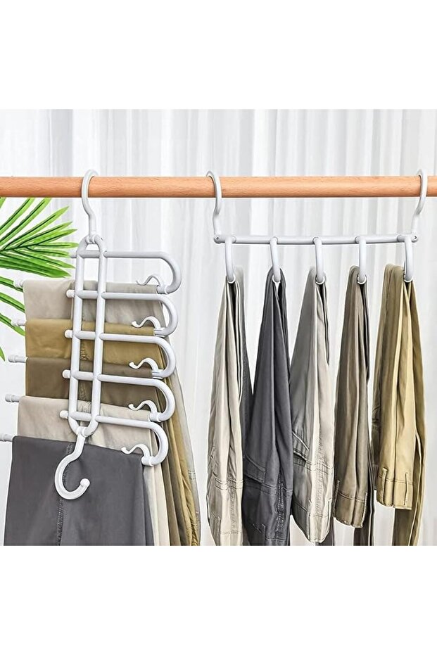 Trouser Hanger Space Saving, 2 Pack Multifunctional Pants Hanging Organizer Rack, 5 in 1 Closet Shel