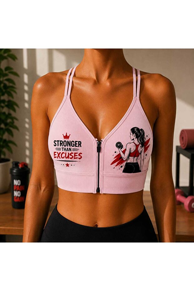 Ribbed Patterned Zippered Sports Bra with Removable Pads Gym Pattern Sports Bustier