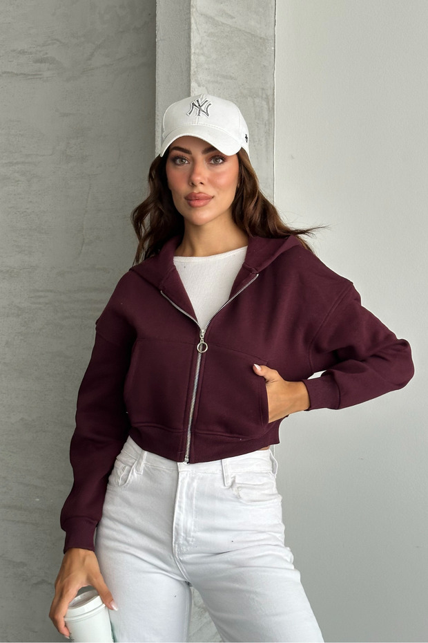 Metal Zipper Hooded Crop Sweatshirt Cardigan