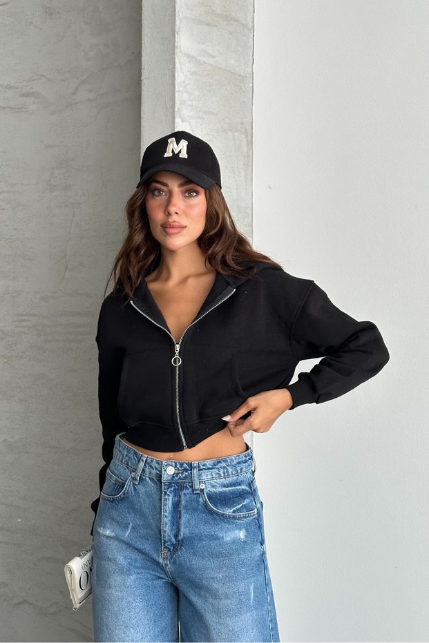 Metal Zipper Hooded Crop Sweatshirt Cardigan