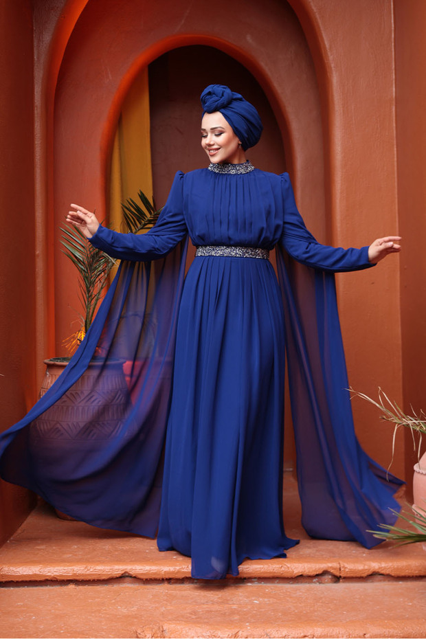 Sax Blue Hijab Evening Dress with Cape Shoulders 25911Sx