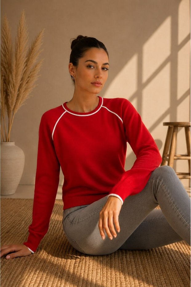 Crew Neck Contrast Ribbed Raglan Sleeve Long Sleeve Basic Knitwear Sweater Aw26Kz00039