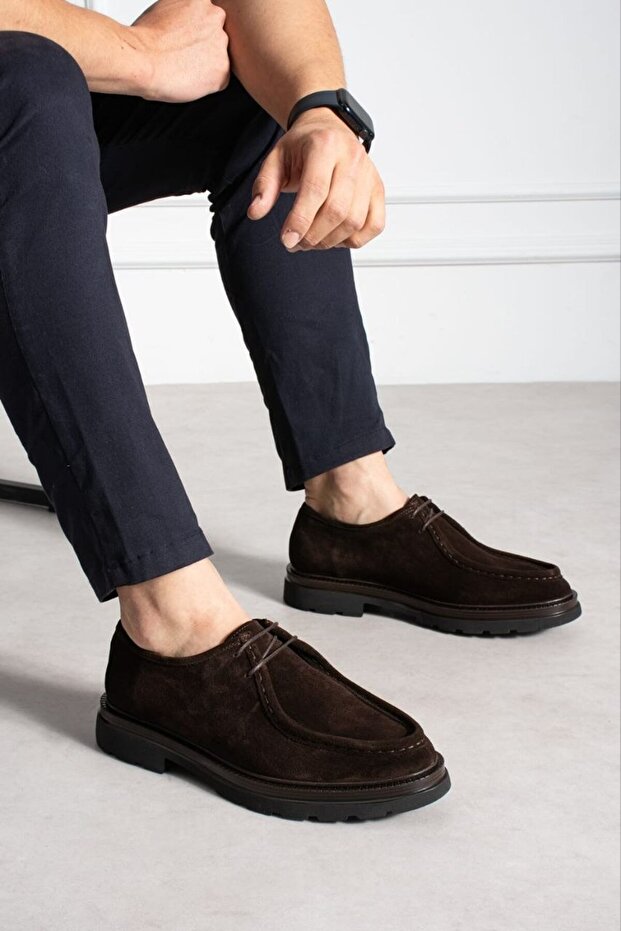 Men's Suede Inside and Outside Genuine Leather Thick Eva Non-Slip Sole Laced Brown Classic Shoes