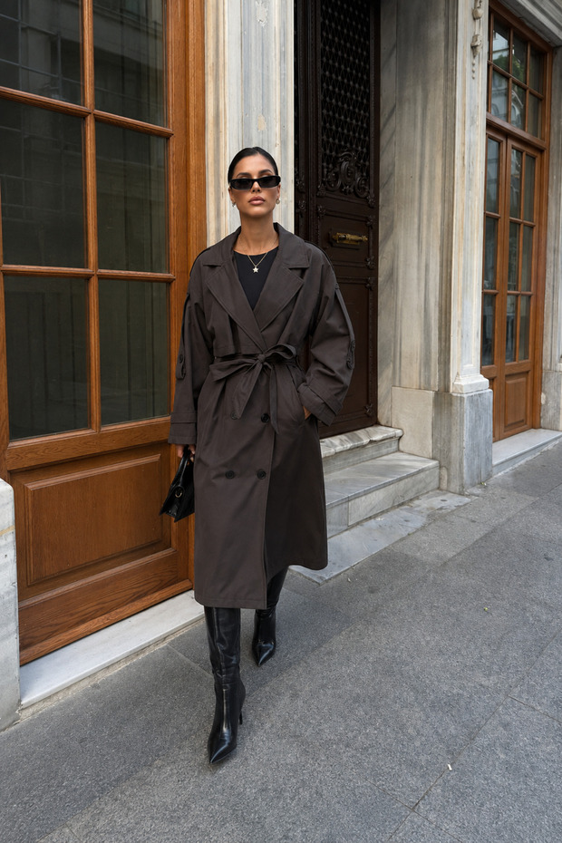 Women's Oversized Belted Long Trench Coat - Brown