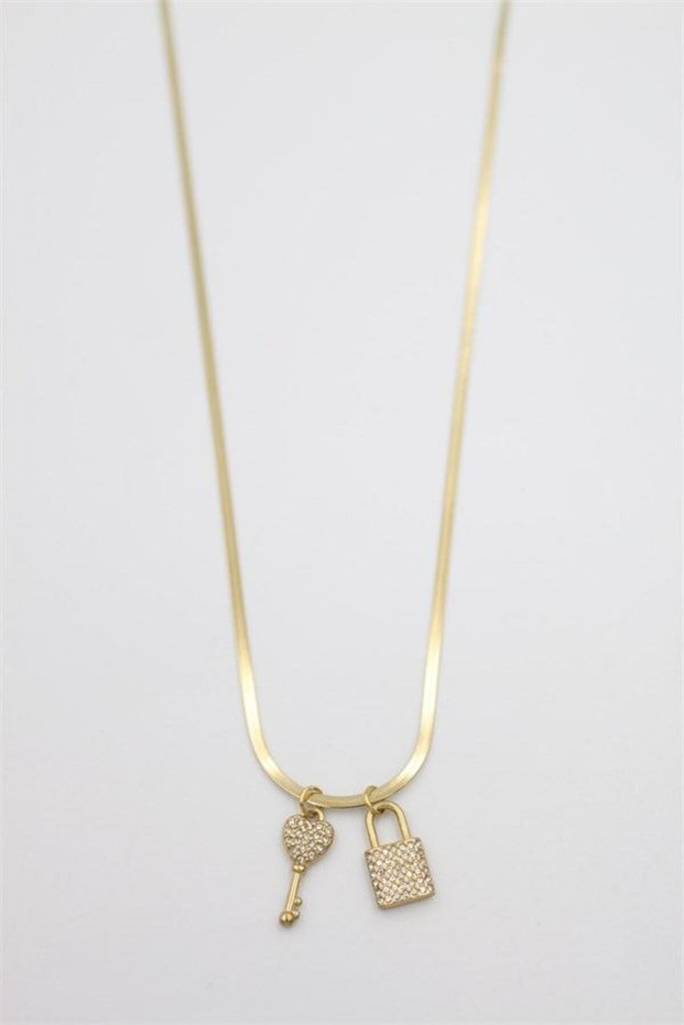 Glb-stl41414 stone key lock necklace - gold