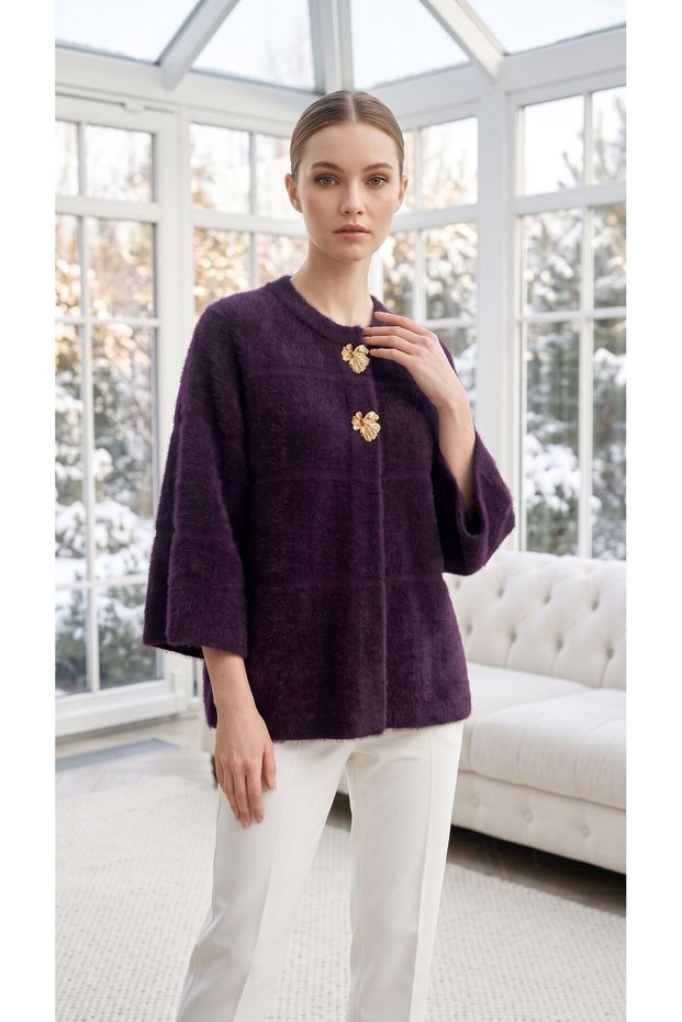 Ges Kol, Stylish Cardigan with Double Brooches (Pancho) and Hidden Buttons