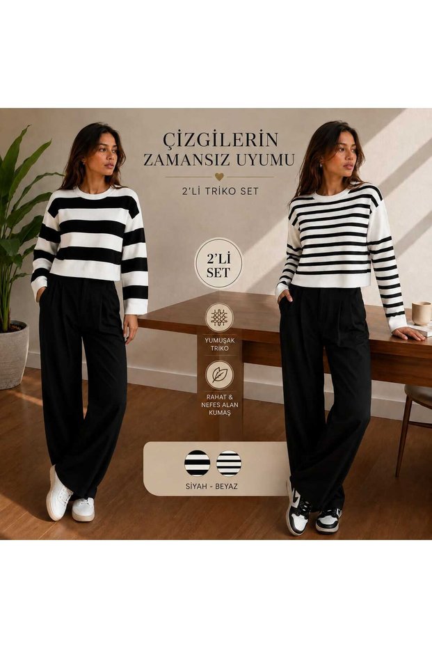 Women's Crop 2-Piece Advantage Pack Striped Crew Neck Knitwear Sweater