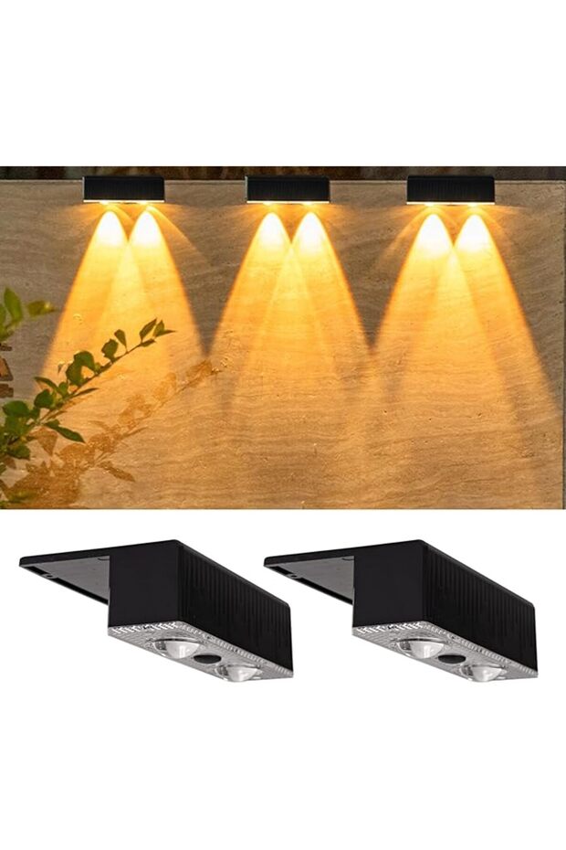 أضواء سطح خارجية تعمل بالطاقة الشمسية من DMG، مصباحان LED بإضاءة دافئة 3000K، أضواء سياج مقاومة للماء IP65 مع مستشعر حركة، D