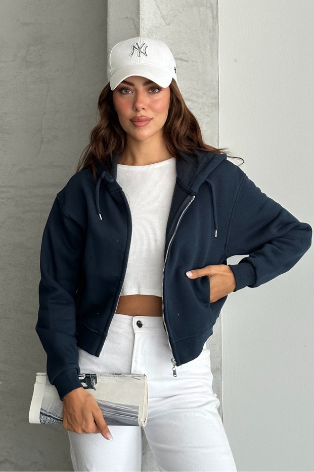 Metal Zipper Hooded Crop Sweatshirt with Hidden Pocket Cardigan