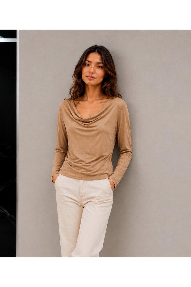 Women's Beige Color Degaje Collar Long Sleeve Pleated Sandy Fabric Blouse