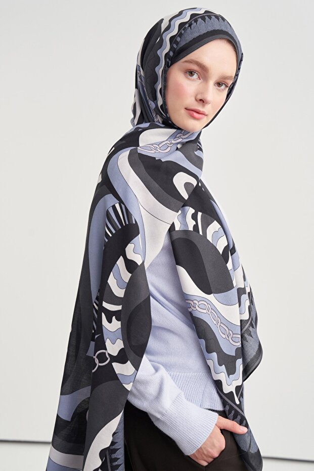 Vera Patterned Norena Wool Shawl Navy Blue