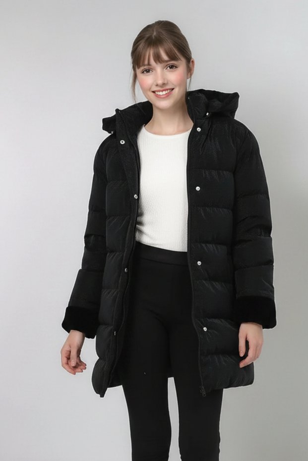 Girl's Thick Winter Fleece-Lined Hooded Coat with Fur on the Sleeves and Hood, Comfortable Long Stylish Waterproof Coat