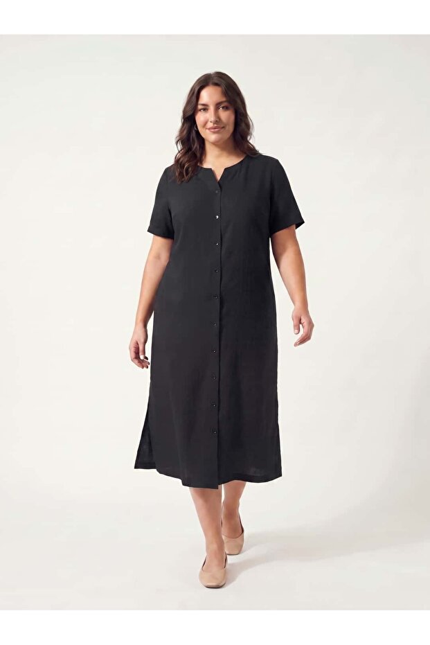 Women's Plus Size Midi Shirt Dress Buttoned Short Sleeve Viscose Black