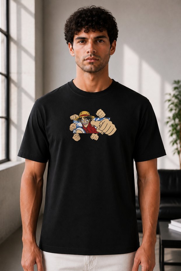 Unisex Oversize One Piece Monkey D. Luffy Embroidered Anime T-Shirt 100% Cotton