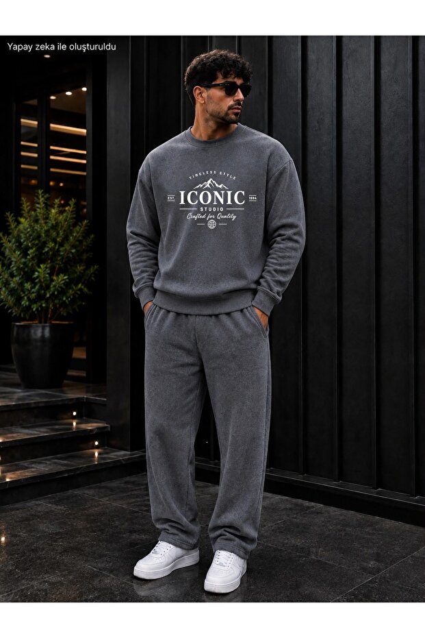 Men's Iconic Studio Mountain Printed Crew Neck Regular Fit Men's Tracksuit Set / Straight Leg Bottom