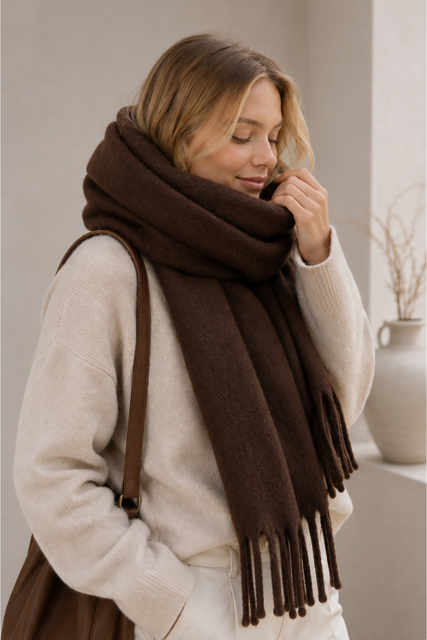 Unisex Premium Soft Boucle Scarf – Soft Textured Fringed Winter Scarf - Brown