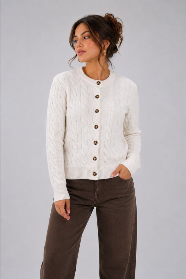 Crew Neck Buttoned Hair Braid Patterned Long Sleeve Soft Textured Knitwear Cardigan Aw26Hi0022