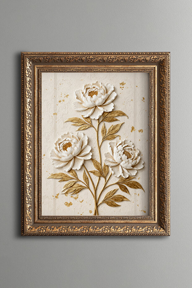 White Peonies with Golden Leaves - Vintage Patterned Painting - Thick Model