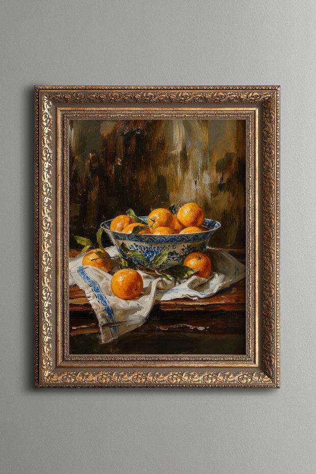 Oranges in Blue Porcelain Bowl - Vintage Patterned Painting - Thick Model