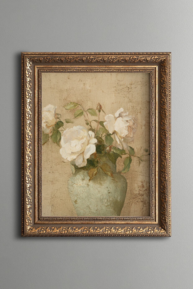 White Roses in Mint Green Vase - Vintage Patterned Painting - Thick Model