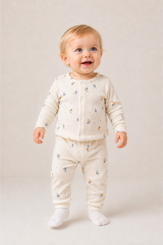 Baby Boys 100% Cotton Ecru Patterned Double Pajama Set