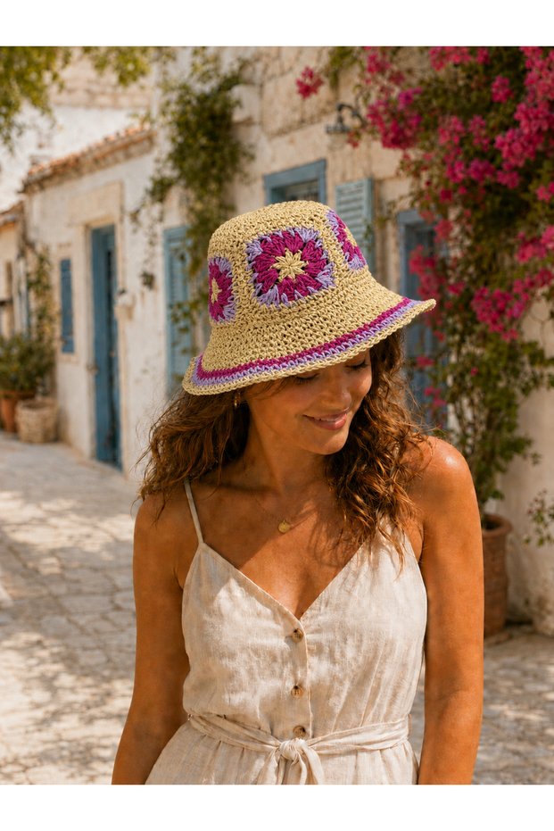 Fuchsia Floral Motif Hand Knitted Women's Bucket Beach Hat