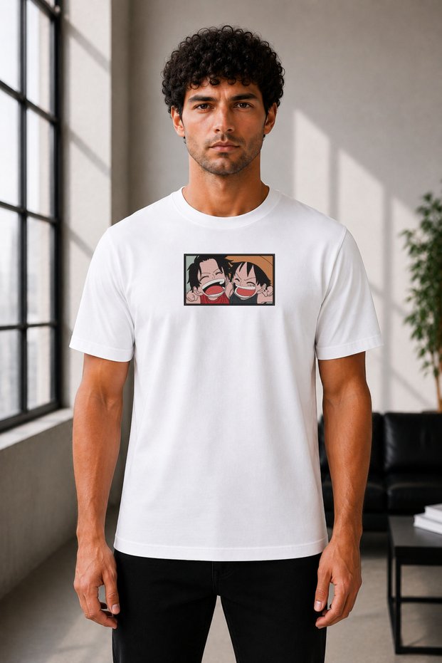 Unisex Oversize One Piece Monkey D. Luffy and Portgas D. Ace Embroidered Anime T-Shirt 100% Cotton