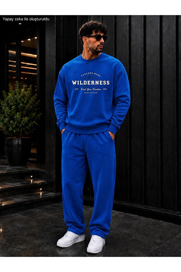Men's Wilderness Mountain Printed Crew Neck Regular Fit Men's Tracksuit Set / Straight Leg Bottom