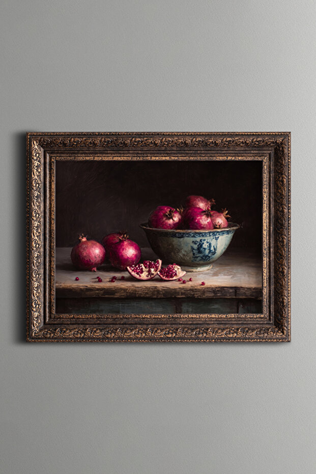 Pomegranates and Chinese Bowl - Vintage Patterned Painting - Thick Model
