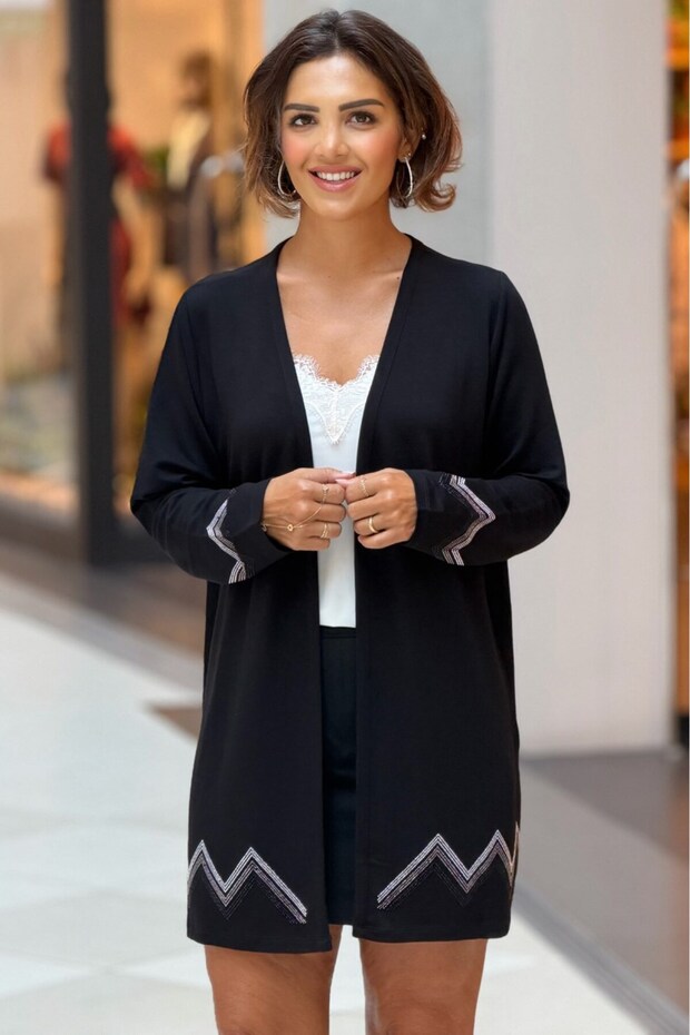 Black Color Zigzag Stone Cardigan