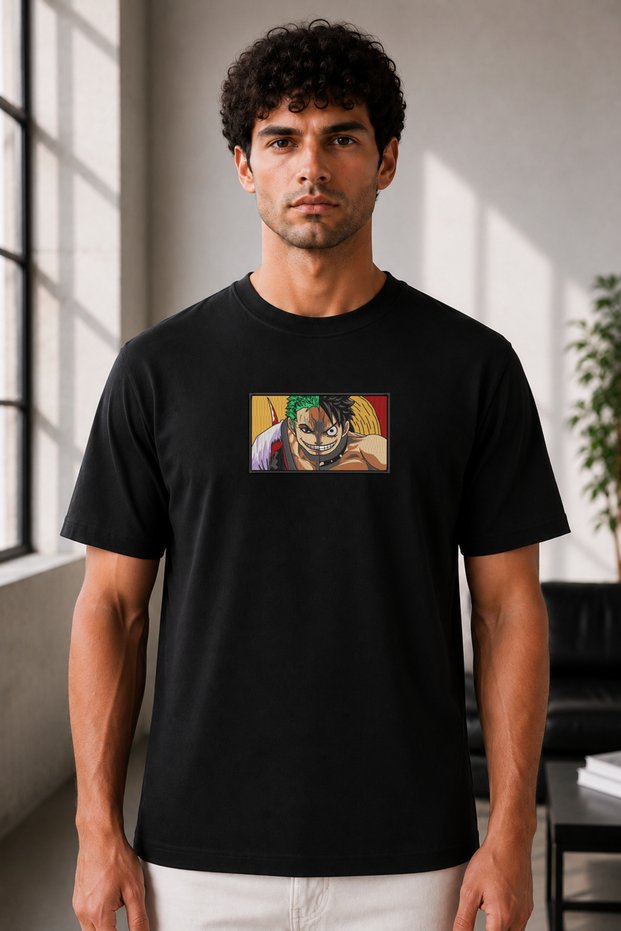 Unisex Oversize One Piece Monkey D. Luffy and Roronoa Zoro Embroidered Anime T-Shirt 100% Cotton