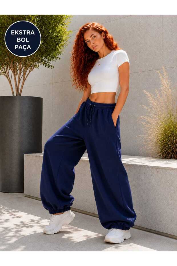 Women's 3 Thread Oversize Loose Fit Sweatpants - Elastic Waist Lace-Up Loose Jogger