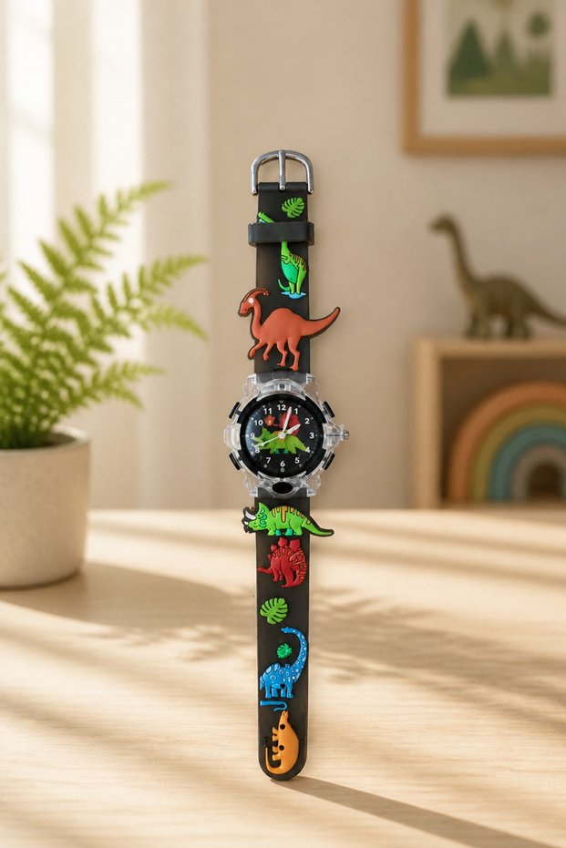Children's Wristwatch with Brown Silicone Strap and Illuminated 3D Dinosaur Design / Children's Watch (Without Box)