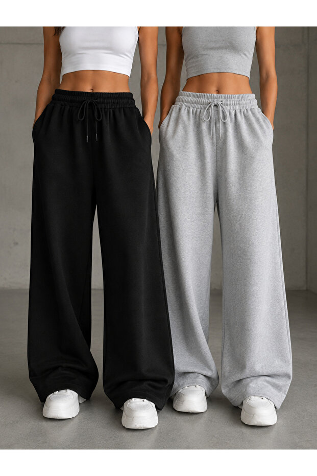 2-Piece Women's Sweatpants Set (Black and Gray) with Wide Legs, Comfortable Cut, Breathable Fabric