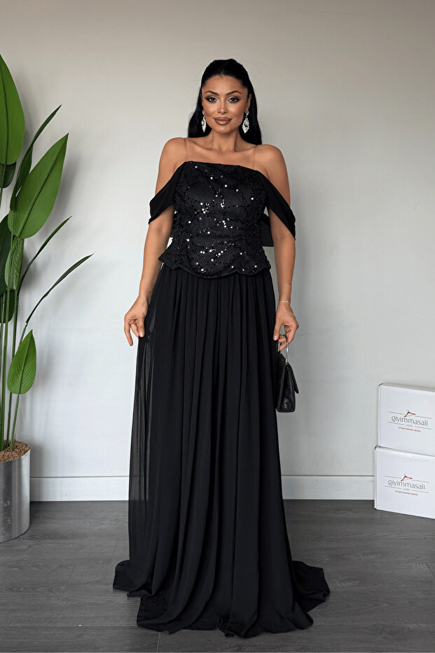 Top Beaded Embroidery Lower Chiffon Design Evening Dress - Black