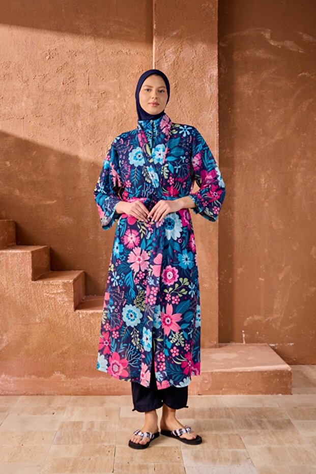 Kaftan Pareo over the Hijab Swimsuit with Navy Blue Floral Pattern